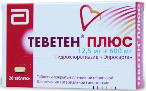Теветен плюс таб 600мг/ 12,5  №28 ( эпросартан,гидрохлоротиазид ) (Упаковка)