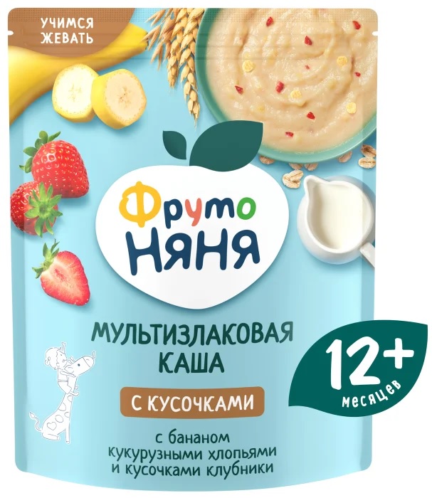 ФрутоНяня Каша молоч Мультизлак с Кусочками Клубники, Кукурузными хлопьями и Бананом с 12 мес