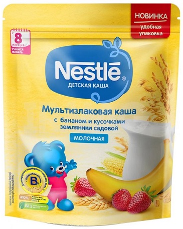 Nestle Каша молочная Мультизлак Банан кусочки земляники 220г с 8мес.