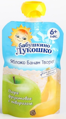 Бабушкино лукошко Пюре Яблоко банан творог 90г пауч с 6 мес.
