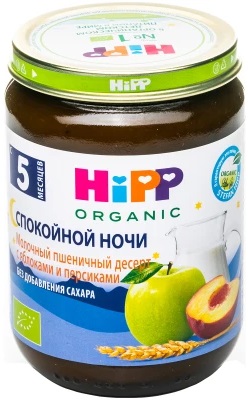 Хипп Органик Пюре Молочный пшеничный .десерт с яблоками и персиками 190г стекло Hipp
