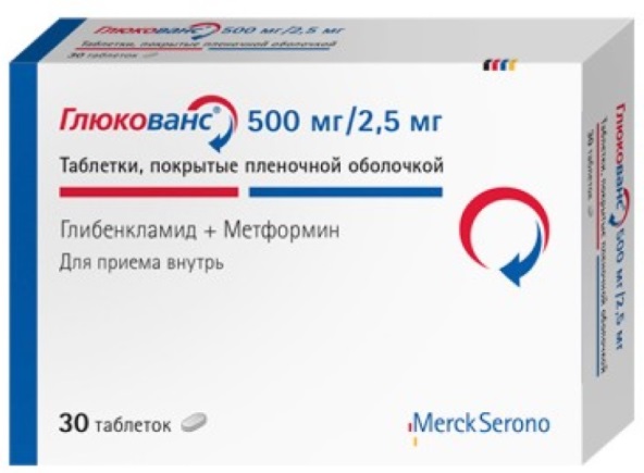 Глюкованс табл 500мг/2,5 мг №30 (глибенкламид+метформина гидрохлорид) (Упаковка)
