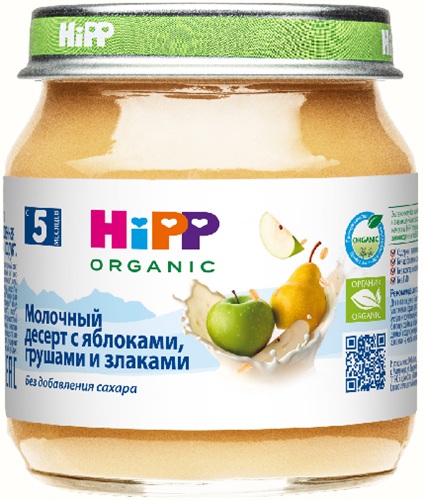 Хипп Органик Пюре Молочный десерт с яблоками грушами и злаками 100г стекло Hipp