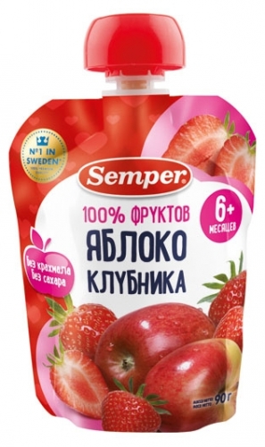 Semper Пюре Яблоко клубника 90г пауч c 6 месяцев