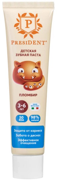 Зубная паста PRESIDENT 3-6 лет Пломбир 70 гр