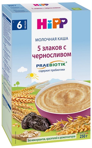 Хипп Каша молочная 5 злаков с черносливом 250г. с 6мес.