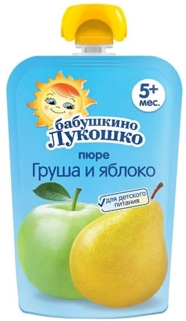 Бабушкино лукошко Пюре Груша Яблоко 90г пауч с 5 месяцев .