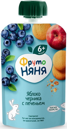 ФрутоНяня Пюре Яблоко черника печенье с аронией 90г пауч 
