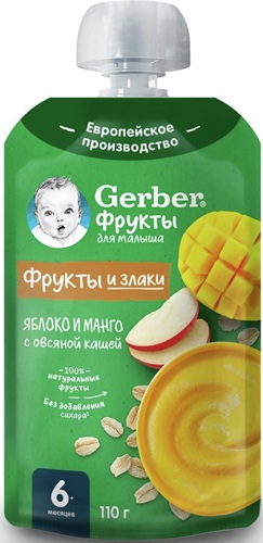Гербер Пюре Яблоко Манго Овсяная каша 110г Пауч 