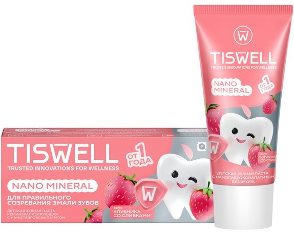 Зубная паста TISWELL детская 1+ со вкусом клубники со сливками без фтора 60 г