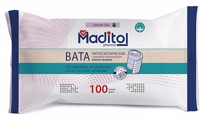 Вата нестерильная 100 гр MADITOL гигроскопическая Хлопко-Льняная #