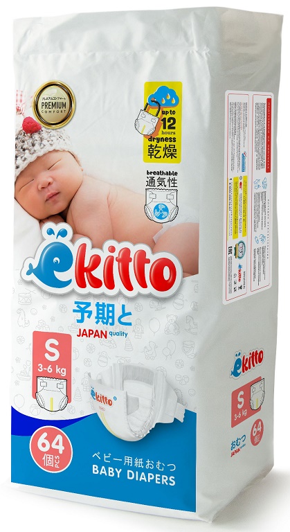 Подгузники для детей EKITTO Premium S64 ( 3-6 кг ) 64 шт