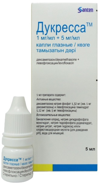 Дукресса капли глазные 1 мг/мл + 5 мг/мл 5 мл №1 фл ( дексаметазон, левофлоксацин )
