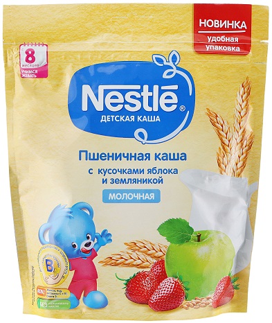 Nestle Каша молочная Пшеничная 220г с кусочками яблока и земляникой с 8-ми мес.