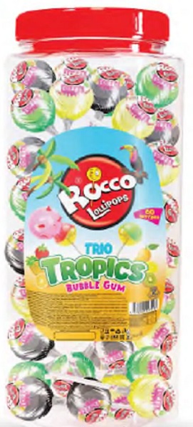 Леденец на палочке Lollipop Rocco Trio Tropics 16г (ананас,апельсин,киви,клубника,лимон,манго+жвачк)