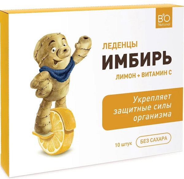 Bio National Леденцы Имбирь Лимон Витамин С №10 без сахара  &