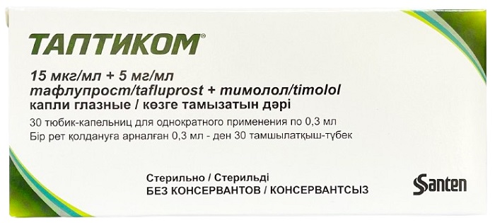 Таптиком глазные капли №30 тюбик-капельниц по 0,3 мл (тафлупрост 15 мкг/мл, тимолол 5 мг/мл) (Упаковка)