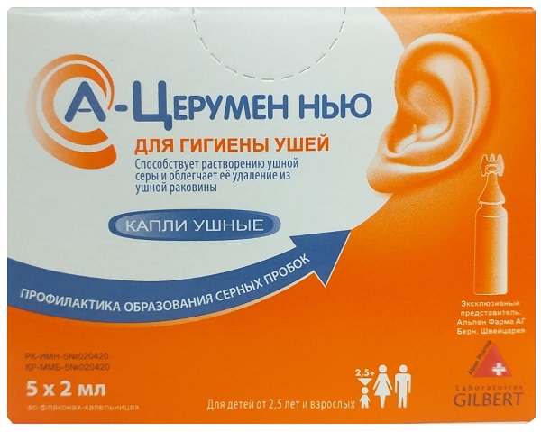 А-Церумен НЬЮ капли ушные 2 мл №5 ( натрия ацилсаркозинат 30% р-р, сахарозы лаурат 40%  р-р ) (Упаковка)
