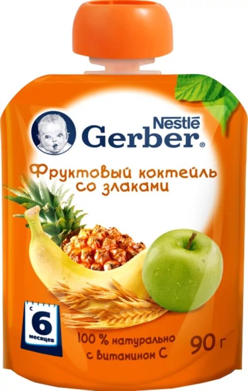 Гербер Пюре Фруктовый коктейль со злаками 90г с 6 мес. Пауч
