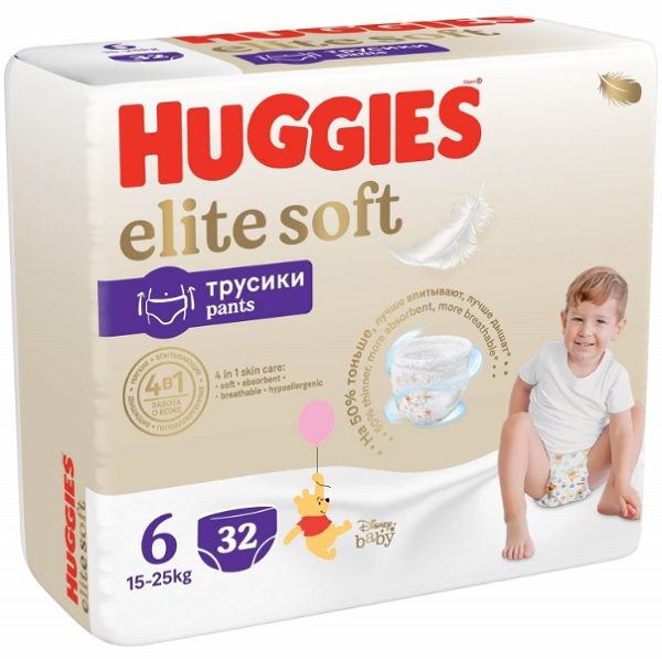 Трусики-подгузники для детей HUGGIES ELITE SOFT №6 ( 15-25 кг ) 32 шт