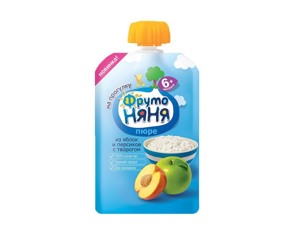 ФрутоНяня Пюре Яблоко-персик с Творогом 90г пауч