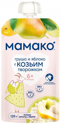 Мамако Пюре Груша Яблоко с козьим творожком 120г с 6 мес пауч